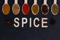 Colourful various herbs and spices on dark background Royalty Free Stock Photo