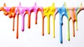 Colourful vibrant multi colour paint dripping isolated on white. wallpaper banner