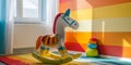 Colourful vibrant rocking horse in a nursery setting