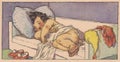 Colourful vintage illustration shows a little cute boy lies on a bed. Vintage illustration shows the small fairytale elf