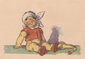 Colourful vintage illustration shows a little cute boy sits on the floor. Vintage illustration shows the small fairytale