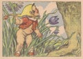 Colourful vintage illustration shows a little fairytale gnome in grass. Vintage illustration shows the small fairytale