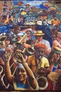 Large wall mural with multiracial musicians, in Dalston Lane, London, UK.