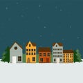 Colourful winter scandinavian houses in night. Flat style