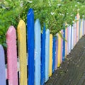 Colourful wood fence in small garden