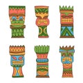 Colourful Wood Polynesian Tiki idols, gods statue carving. Vector illustration