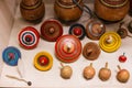 Colourful wooden Japanese tops display in museum of Shiroi Koibito Park at Sapporo in Hokaido, Japan Royalty Free Stock Photo