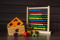 Colourful Wooden Toy on Wooden Background, Kindergarten Geometrics Shape for Creative and Educate Development