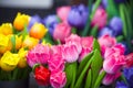 Colourful wooden tulips in amsterdam flower market Royalty Free Stock Photo