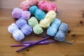 Colourful yarn bundles with crochet needles