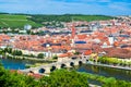 Colourfull panoramic cityscape central part of Wurzburg city. Top view from the Marienberg Fortress Festung Marienberg. Germany Royalty Free Stock Photo