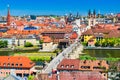 Colourfull panoramic cityscape central part of Wurzburg city. Top view from the Marienberg Fortress Festung Marienberg. Germany Royalty Free Stock Photo