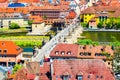 Colourfull panoramic cityscape central part of Wurzburg city. Top view from the Marienberg Fortress Festung Marienberg. Germany Royalty Free Stock Photo