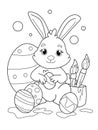 Coloring Page, outline of cartoon bunny painting Easter eggs. Line art for Easter.