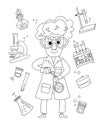 Colouring book for children. Black and white outline. Scientist chemist amongst the objects. Microscope, test tube