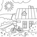An colouring book hand drawn country house.Landscape.