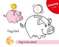 Colouring book for kids piggy bank. Cute cartoon piggy bank character.