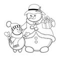 Cute Snowman Colouring Page. Cute Family of Christmas Snowmen with Gift Box. Vector Happy Xmas Snowmen