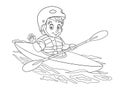 Coloring page with boy canoeing, extreme sport kayaking