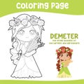 Colouring worksheet of Demeter Goddess of the harvest and agriculture. Ancient Greece mythology.