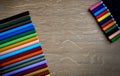 colours, waxes, pastels on a wooden base Royalty Free Stock Photo