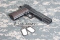 Colt 1911 handgun on camouflage uniform