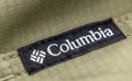 Columbia brand label close-up on a gray cotton shirt