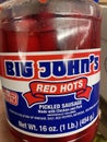 Big Johns Red hots sausage in a jar on a shelf close up Royalty Free Stock Photo