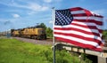 Columbia, Illinois, USA, July 21, 2020  - Union Pacific diesel engine locomotive freight train on railroad tracks Royalty Free Stock Photo