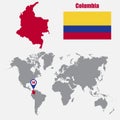 Columbia map on a world map with flag and map pointer. Vector illustration