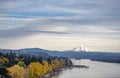 Columbia River autumn landscape with boat and yacht pier and snowy Mount Hood