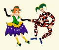 Columbine and Harlequin dancing together. Vector isolated illustration.