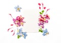 Columbines flower frame empty sketchbook Flat lay Royalty Free Stock Photo