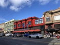 Columbus Avenue street view. Stinking Rose restaurant, Hotel Boheme - San Francisco, California, USA - October, 2022