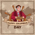 Columbus day celebration scene of christopher lifting paper map and ribbon frame