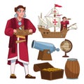 Columbus day celebration scene of christopher lifting paper map and set icons