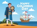 Columbus day celebration scene of christopher lifting world map on the beach