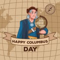 Columbus day celebration scene of christopher lifting world map ribbon frame