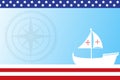 Columbus Day Copy Space Background with Sailing ship sailboat. Christopher Columbus National USA Holiday banner with American Flag