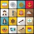 Columbus Day icons set, flat style
