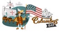 Columbus Day poster with Columb and Santa Maria card text logo design template, Royalty Free Stock Photo