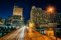 The Columbus Drive Bridge over the Chicago River at night, in Chicago, Illinois Royalty Free Stock Photo