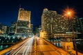 The Columbus Drive Bridge over the Chicago River at night, in Chicago, Illinois Royalty Free Stock Photo