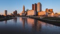 Columbus Ohio skyline at John W. Galbreath Bicentennial Park at orange dusk