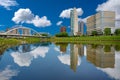 Columbus River and Ohio skyline with clouds and reflection in the water