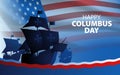 Columbus ship, La Santa Maria, Pinta and Nina sailing across the vast ocean on USA flag background