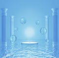 3d rendering floating podium and water drops above blue ocean. surrounded by columns Minimal light blue color scheme. Moisturizer