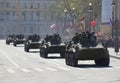 A column of armoured vehicles after the parade in honor of Victory day. St. Petersburg Royalty Free Stock Photo