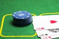 Column of blue poker chips and three aces