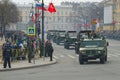 Column of BM-21-1 vehicles with Grad rocket launcher systems after the military parade in honor of Victory Day Royalty Free Stock Photo